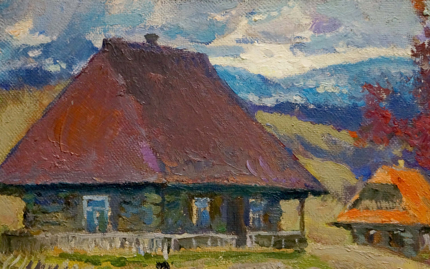 Oil painting of rustic house with thatched roof by Mynka Alexander Fedorovich