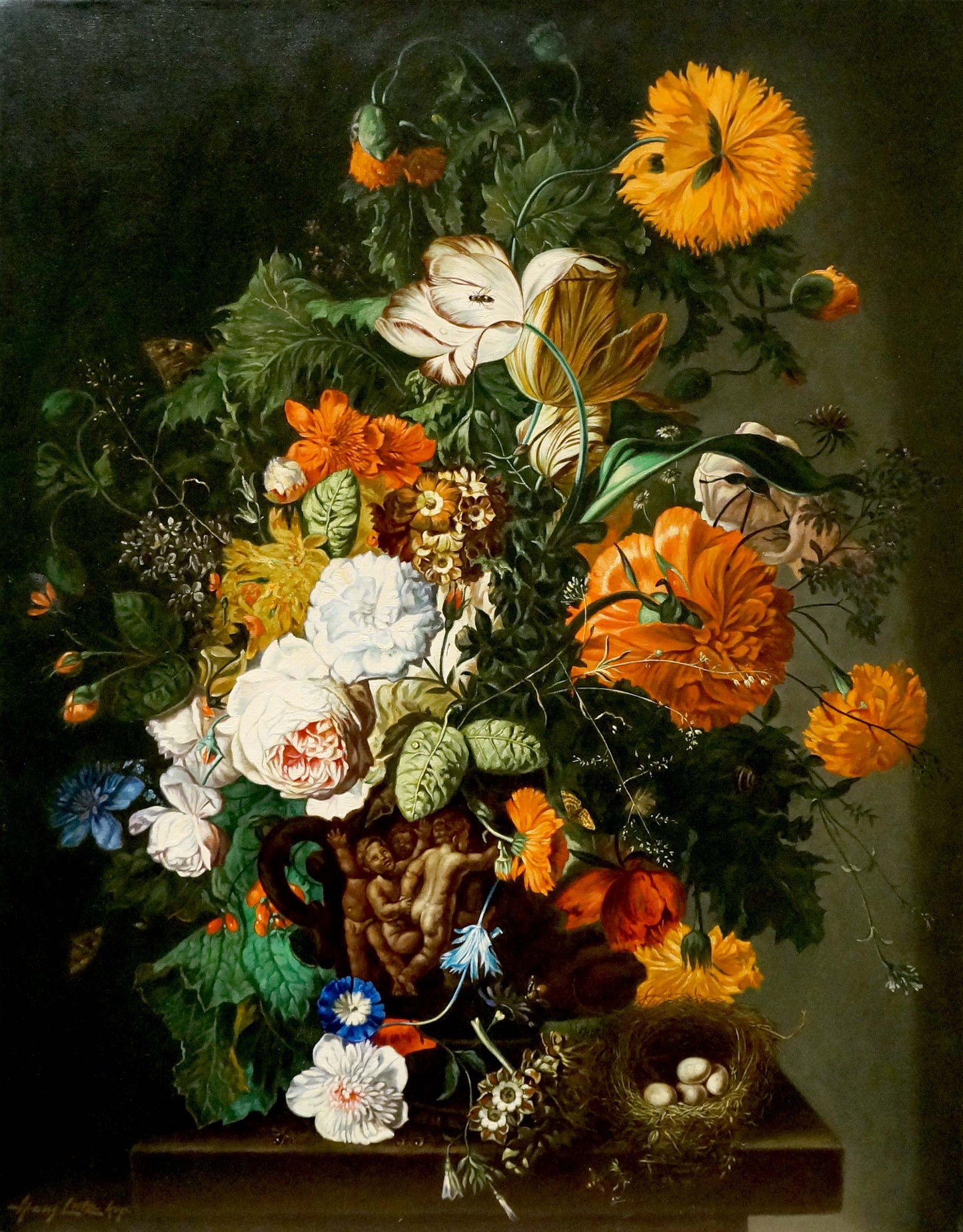 Oil painting Rainbow of Flowers Bouquet in ornate brown vase