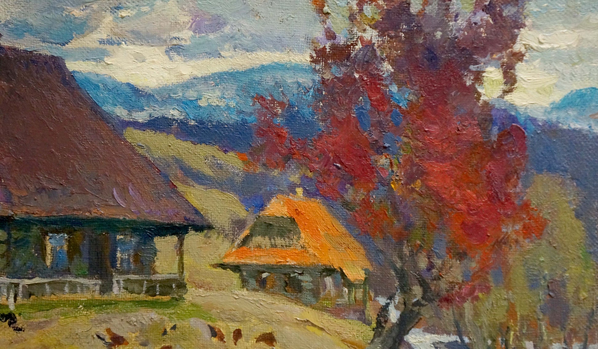 Oil painting Signs of autumn by Mynka Alexander Fedorovich with vibrant red tree