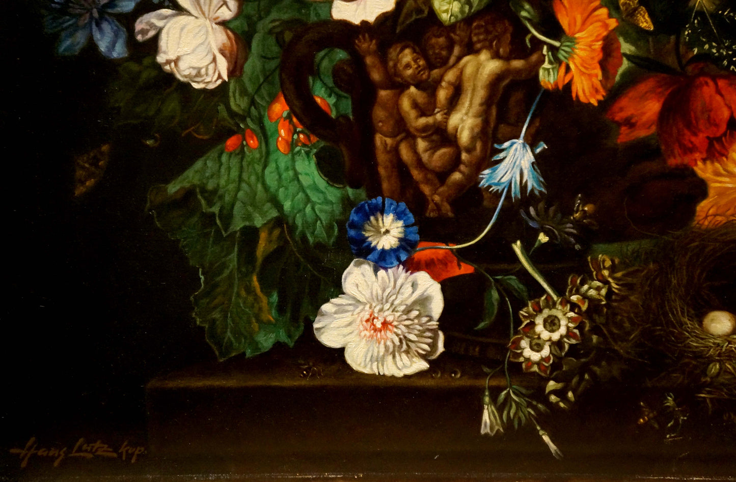 Oil painting Rainbow of Flowers Bouquet with ornate vase and vibrant blooms