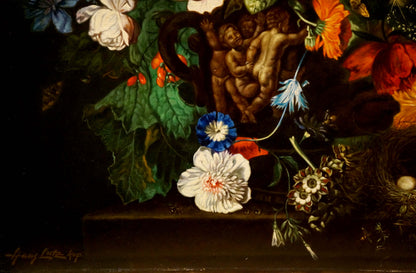 Oil painting Rainbow of Flowers Bouquet with ornate vase and vibrant blooms