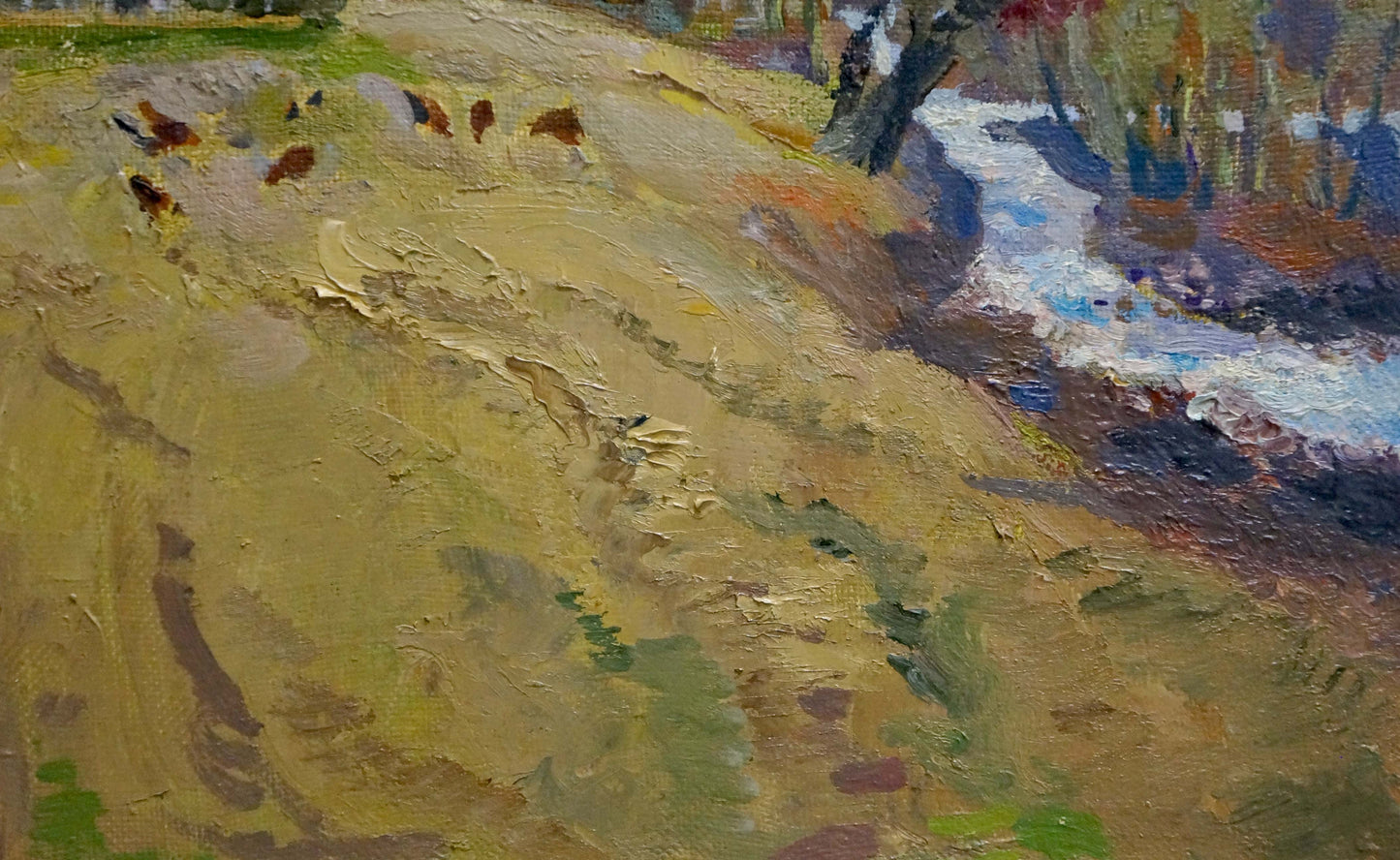 Oil painting Signs of Autumn by Mynka Alexander Fedorovich, textured sunlit hillside
