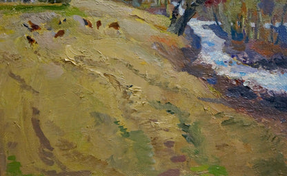 Oil painting Signs of Autumn by Mynka Alexander Fedorovich, textured sunlit hillside
