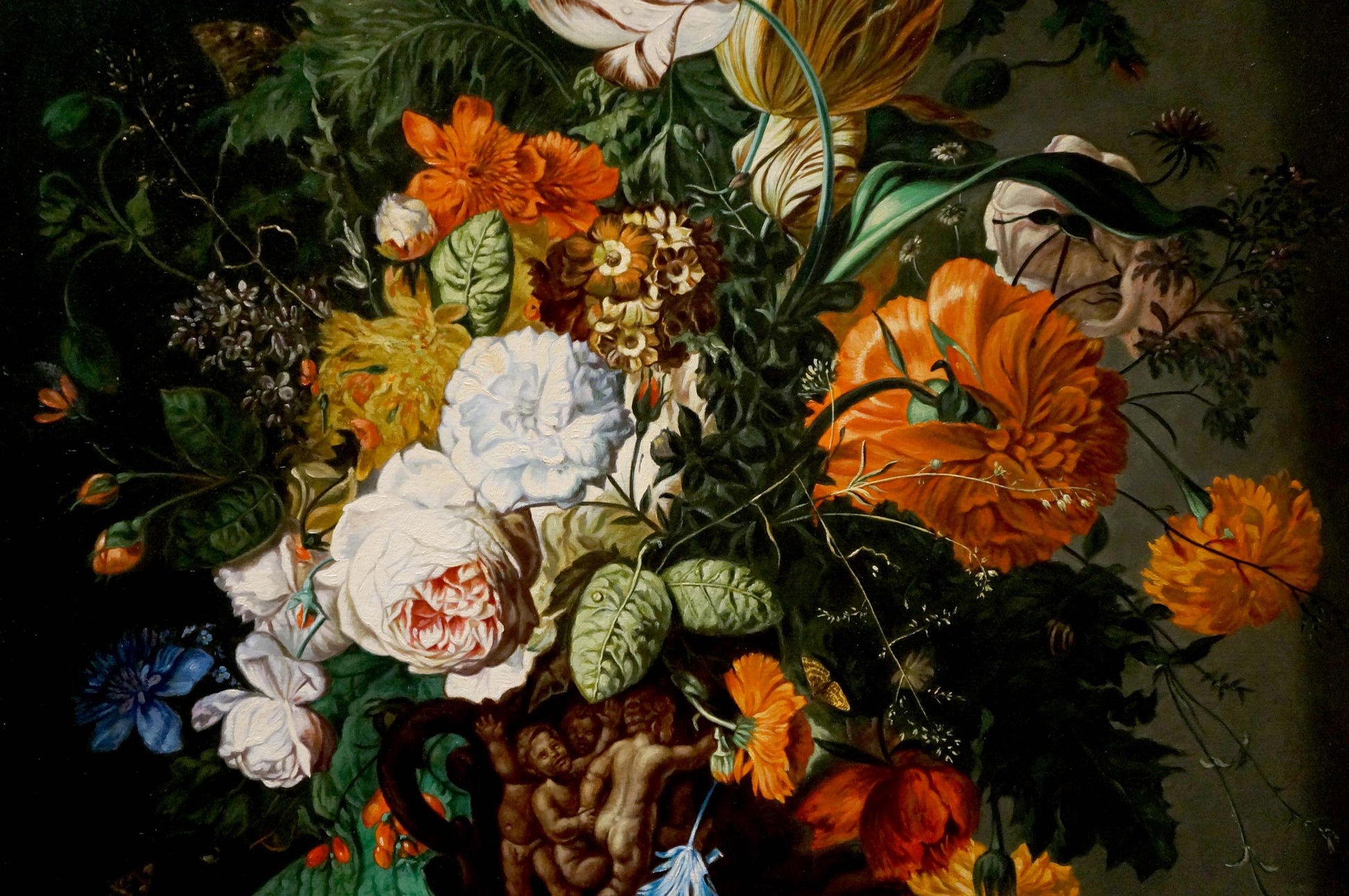 Oil painting Rainbow of Flowers Bouquet with orange white blue flowers