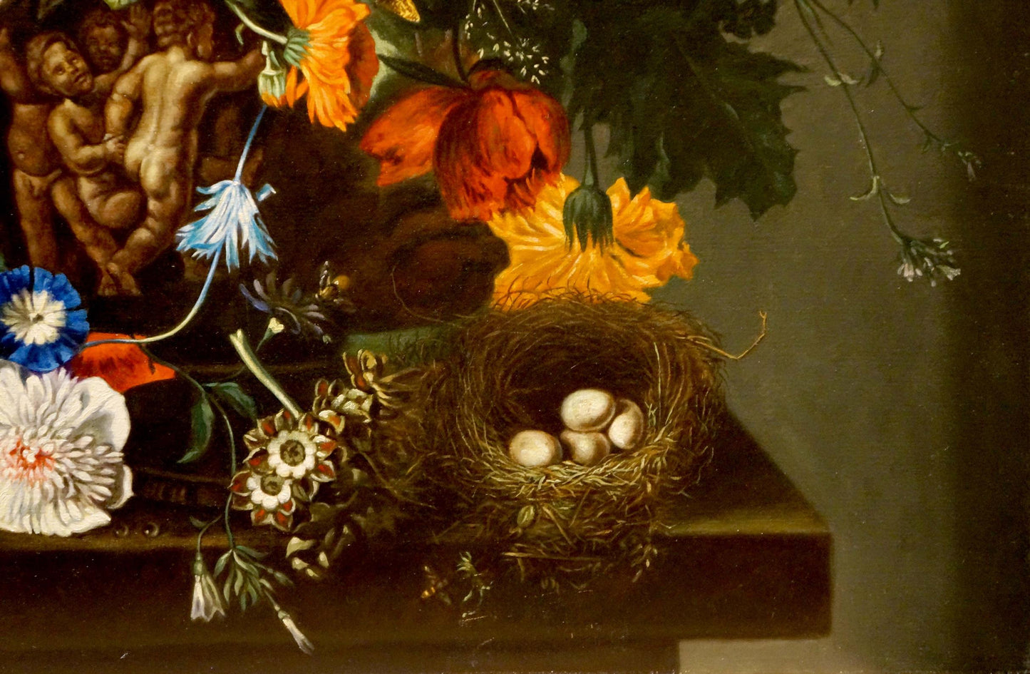 Woven birds nest with four pale eggs in Rainbow of Flowers Bouquet oil painting