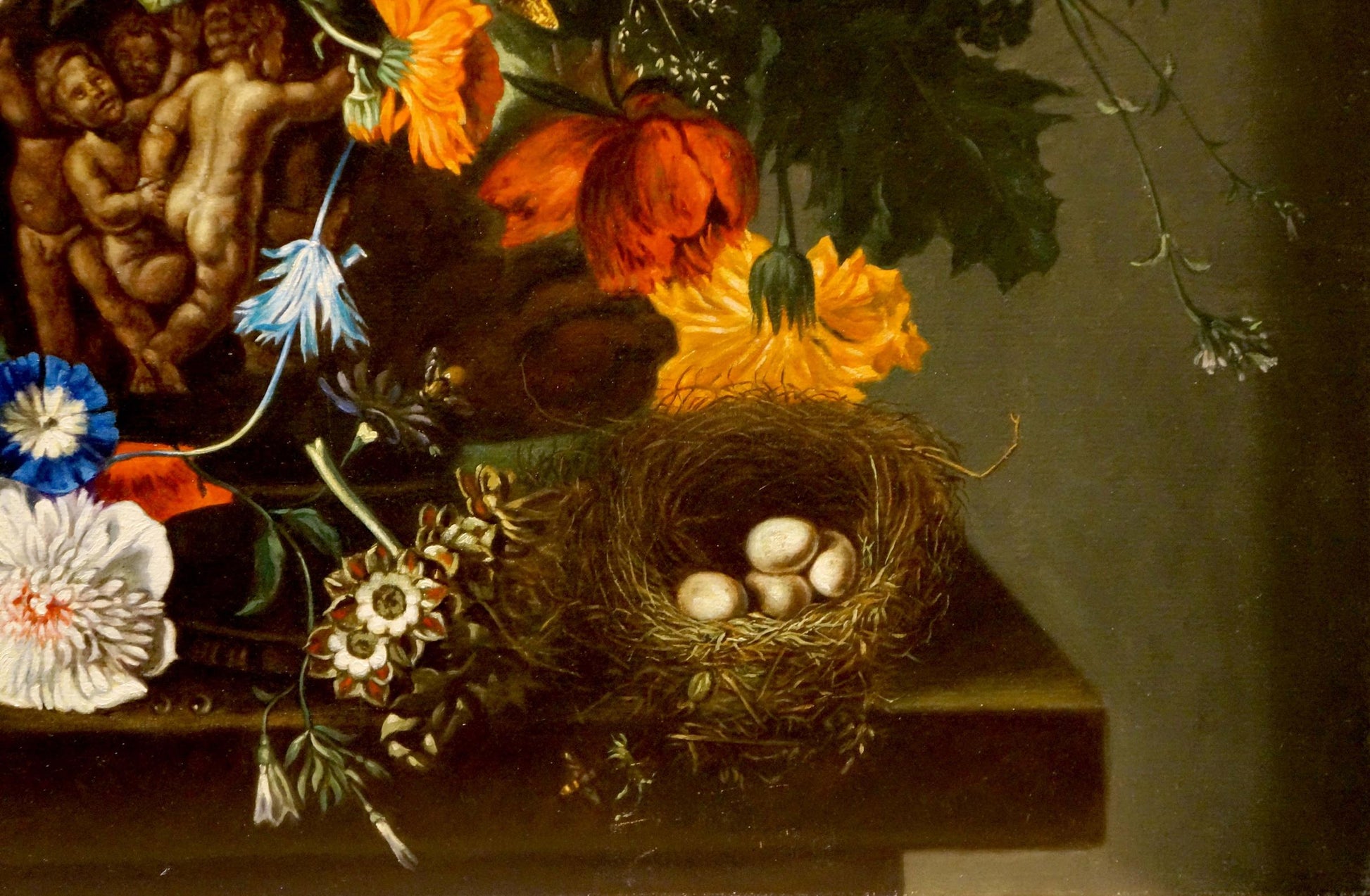 Woven birds nest with four pale eggs in Rainbow of Flowers Bouquet oil painting