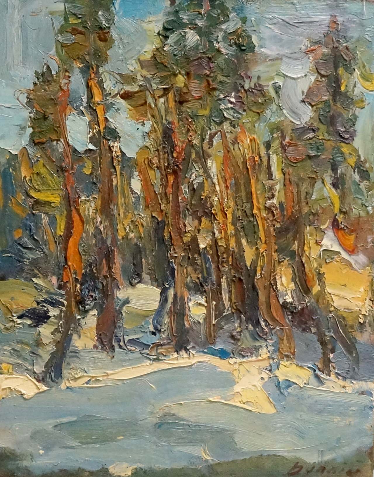 Impressionistic oil painting by Dupliy Sergey Alexandrovich of tall autumn trees