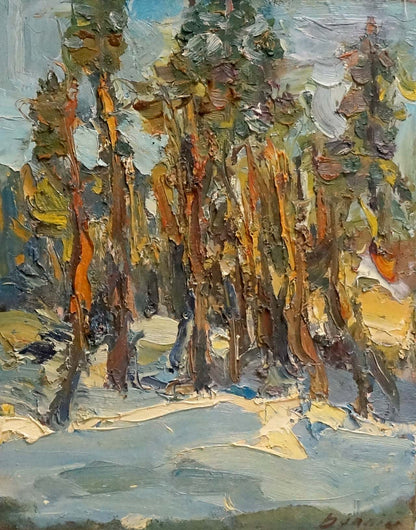 Impressionistic oil painting by Dupliy Sergey Alexandrovich of tall autumn trees