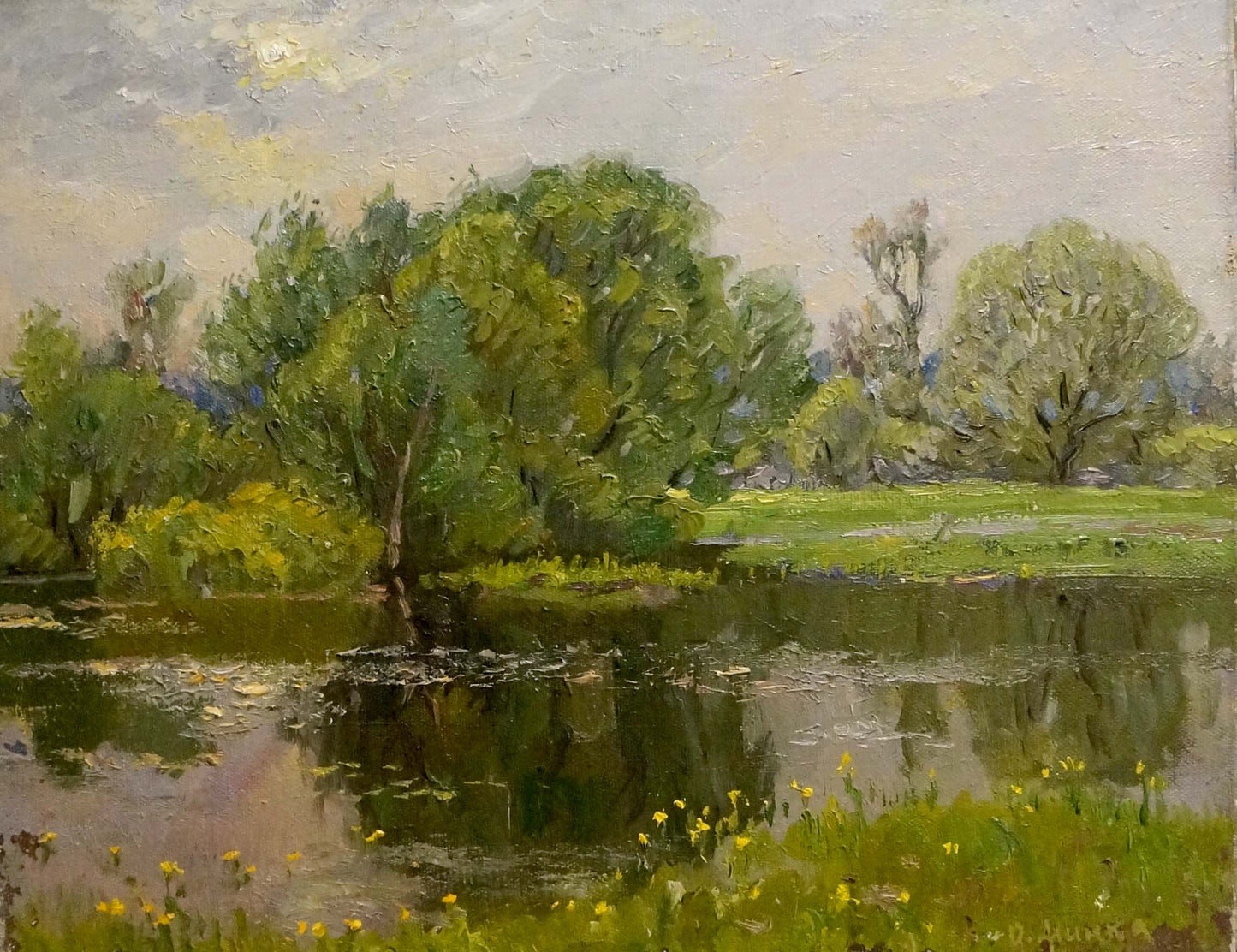 Serene riverbank oil painting by Alexander Mynka with trees and wildflowers