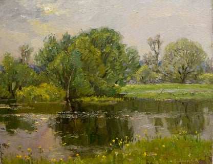 Serene riverbank oil painting by Alexander Mynka with trees and wildflowers