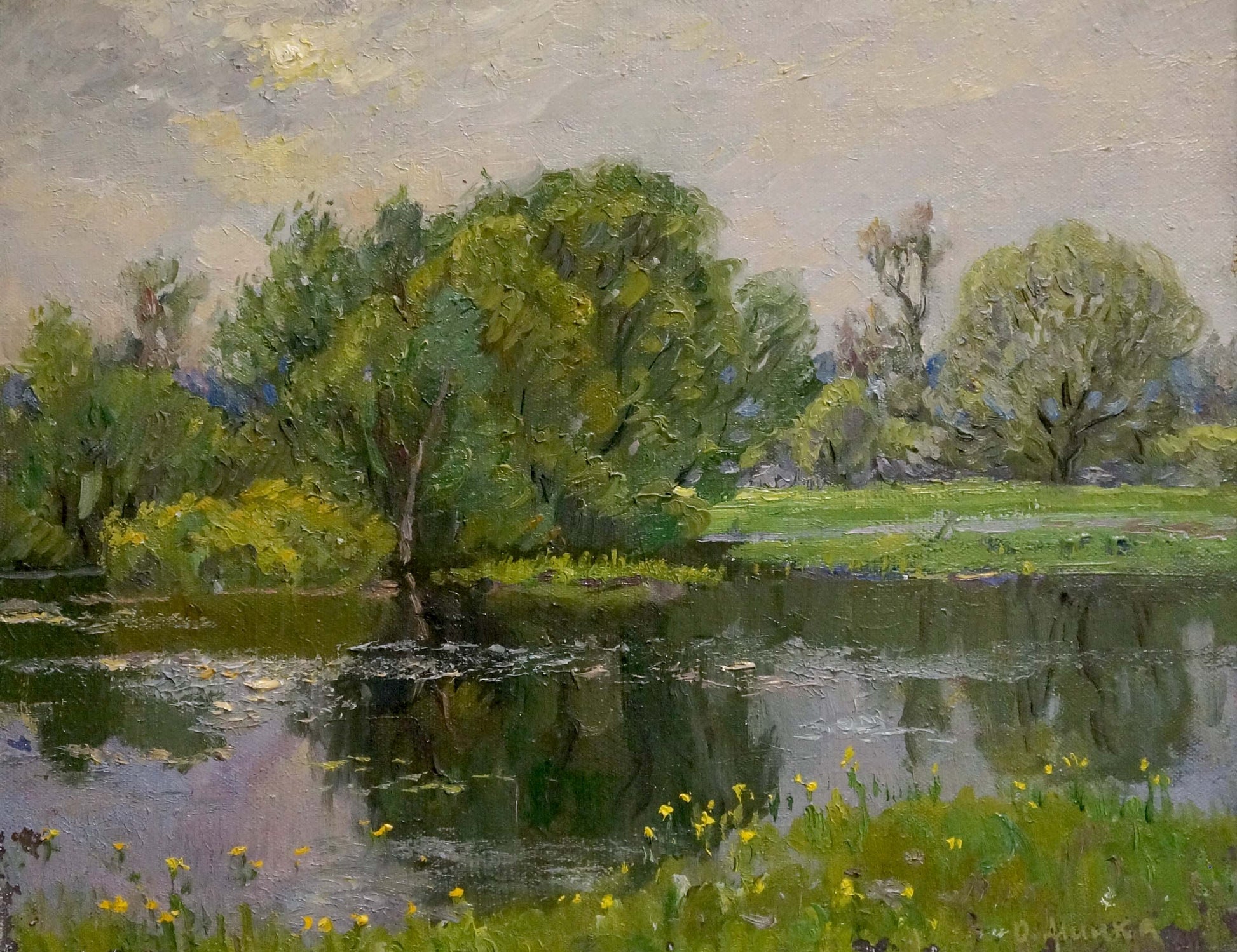 Serene riverbank oil painting by Alexander Mynka with trees and wildflowers
