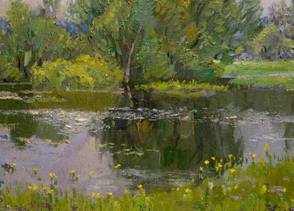 Serene impressionistic oil painting by Alexander Mynka of tranquil pond by river