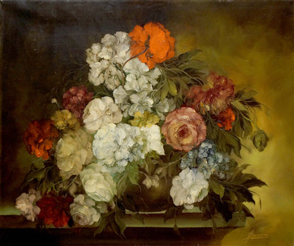 Oil painting Flowers Sarossa: lush bouquet in dark vase
