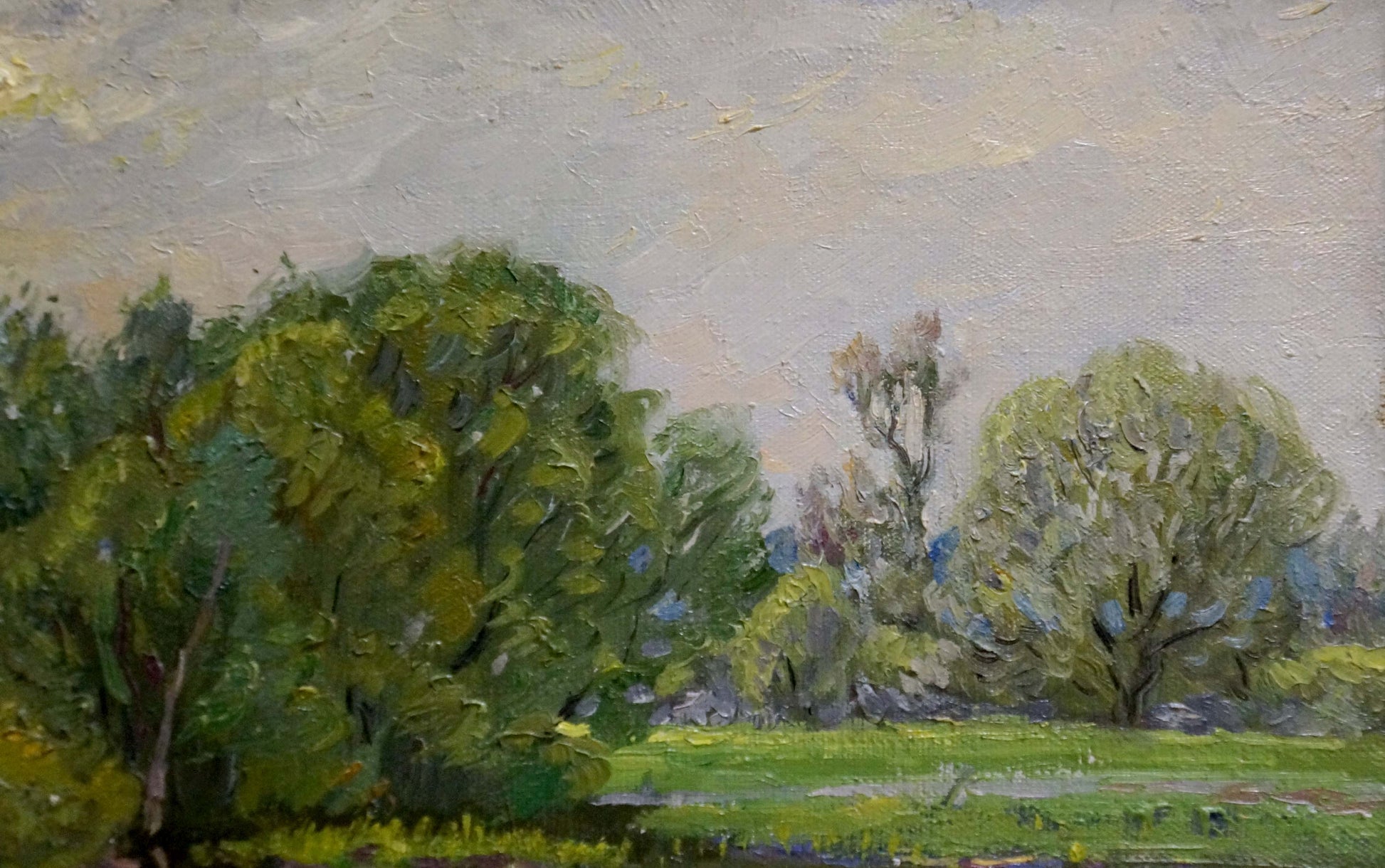 Oil painting By the River by Alexander Mynka serene lush landscape