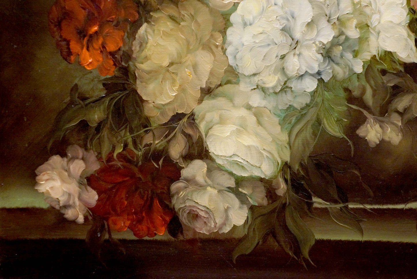 Oil painting Flowers Sarossa: white orange peonies green leaves