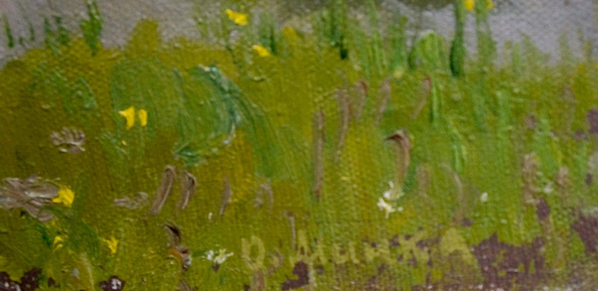 Textured oil painting by Alexander Mynka: vibrant green field with yellow flowers