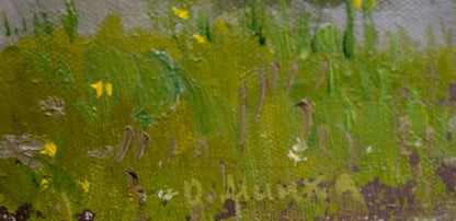 Textured oil painting by Alexander Mynka: vibrant green field with yellow flowers