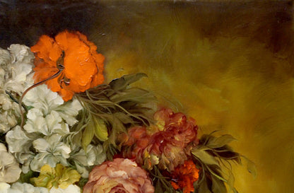 Oil painting Flowers Sarossa: vibrant bouquet in orange, white, pink on gold
