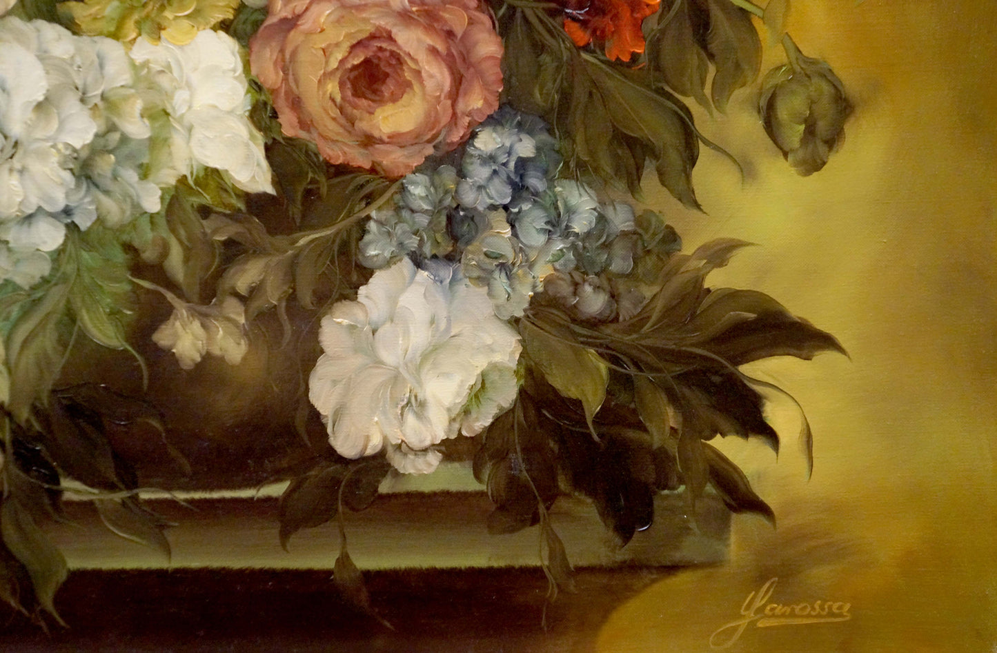 Oil painting Flowers Sarossa: white hydrangeas, pink roses, blue blooms in vase