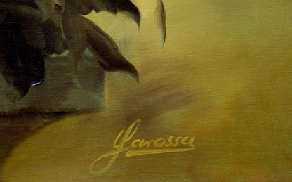 Gold yanrossa signature on textured canvas back of Oil painting Flowers Sarossa