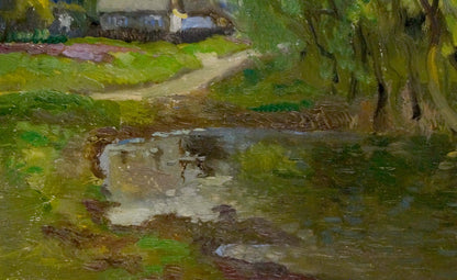 Serene impressionistic oil painting of pond, greenery, cottage by Mynka