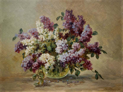 Oil painting of vibrant Hilberr lilac bouquet in glass vase