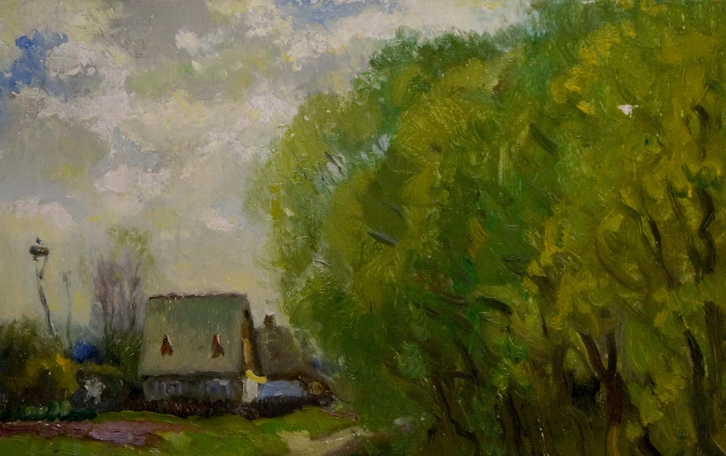 Oil painting Road to the village by Mynka Alexander Fedorovich, rustic thatched cottage in green trees