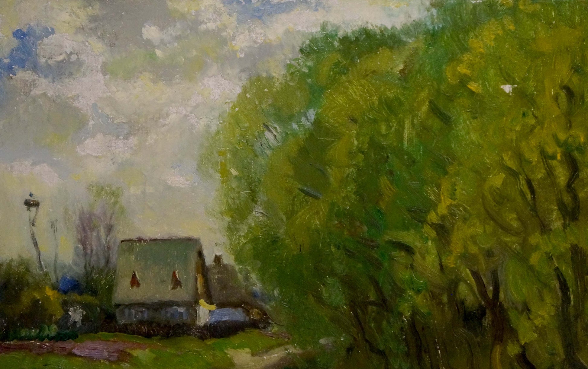 Oil painting Road to the village by Mynka Alexander Fedorovich, rustic thatched cottage in green trees
