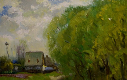 Oil painting Road to the village by Mynka Alexander Fedorovich, rustic thatched cottage in green trees