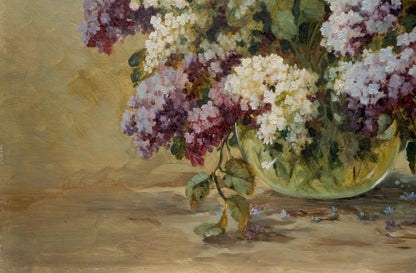 Oil painting of lush lilac bouquet in purple, white, lavender by Hilberr