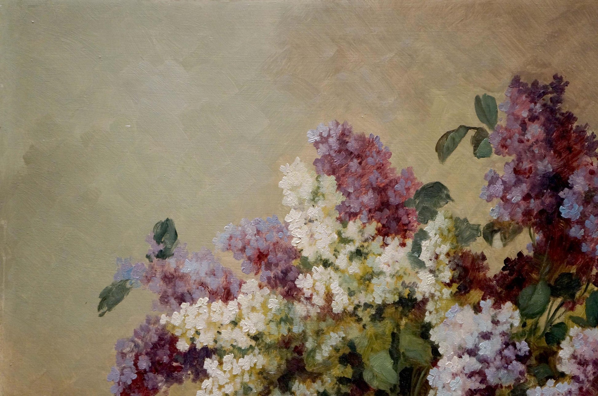 Vibrant lilac bouquet oil painting by Hilberr in purple, pink, white