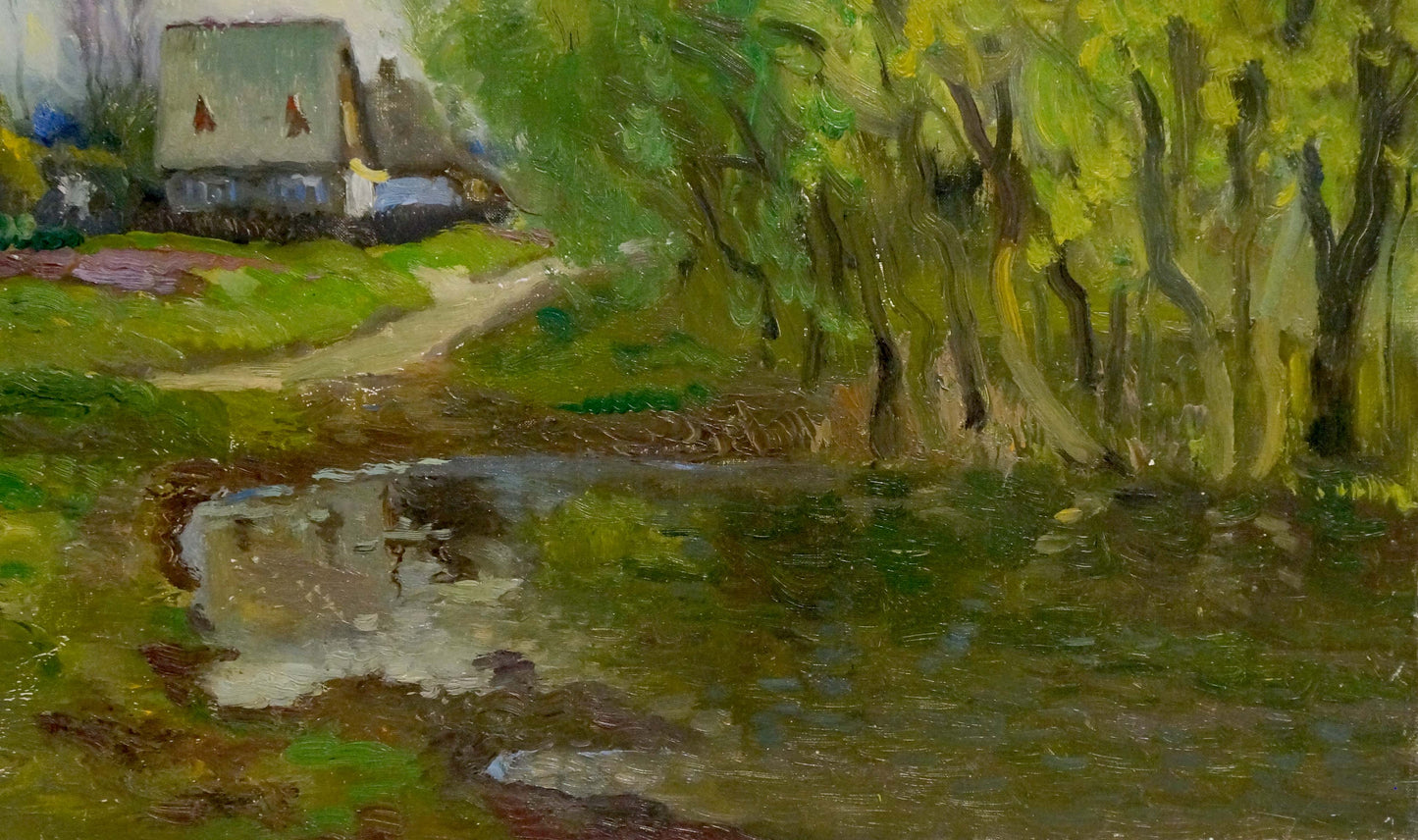 Oil painting Road to the village by Mynka Alexander Fedorovich rustic house by pond