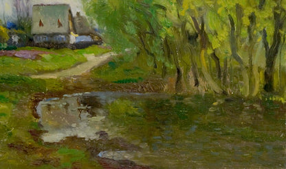 Oil painting Road to the village by Mynka Alexander Fedorovich rustic house by pond
