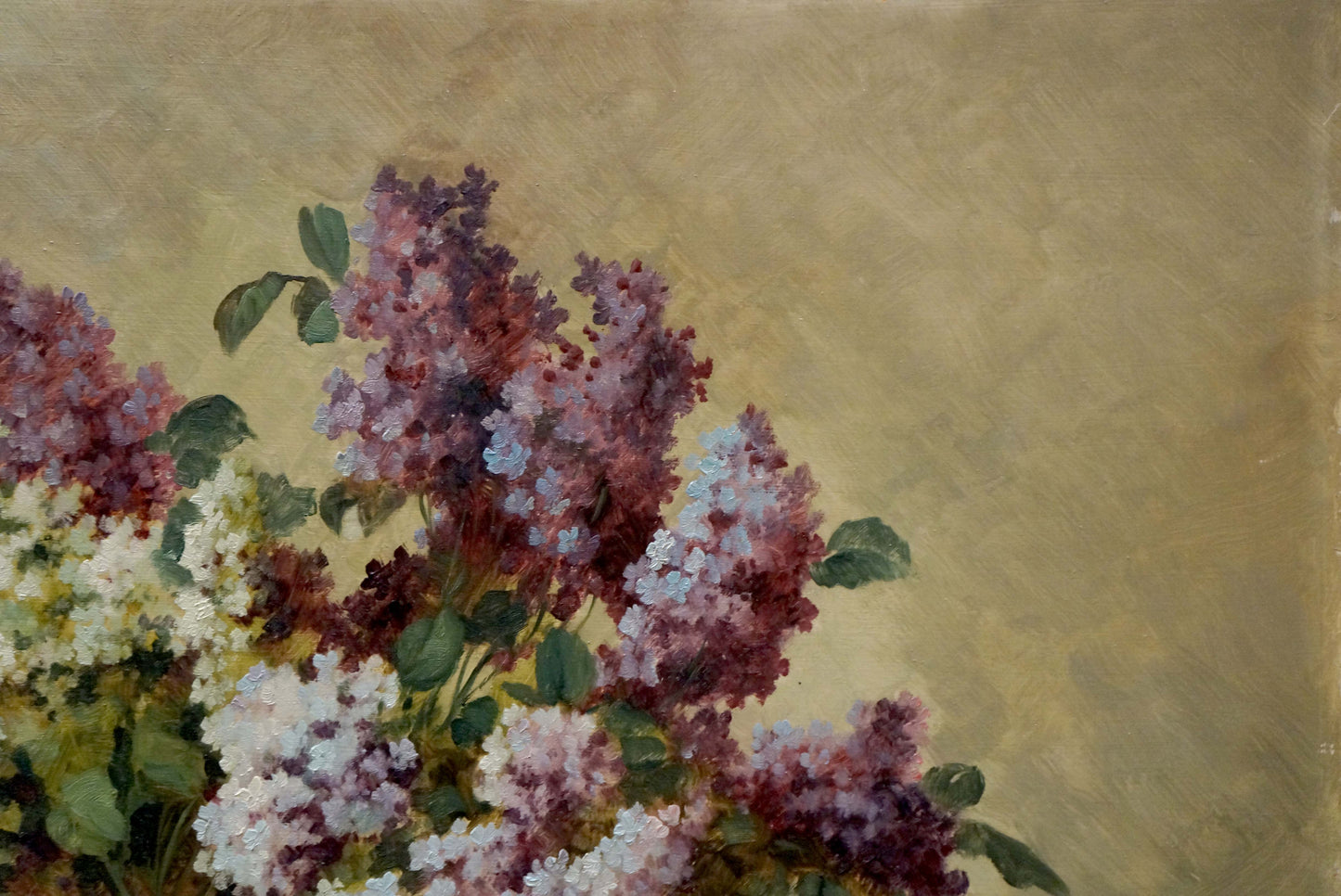 Oil painting of vibrant lilac bouquet in purple, pink, white by Hilberr