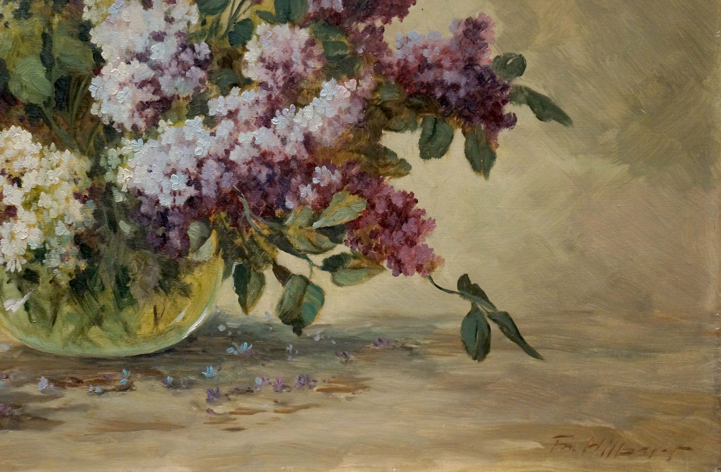 Oil painting of Hilberr lilac bouquet in translucent green glass vase