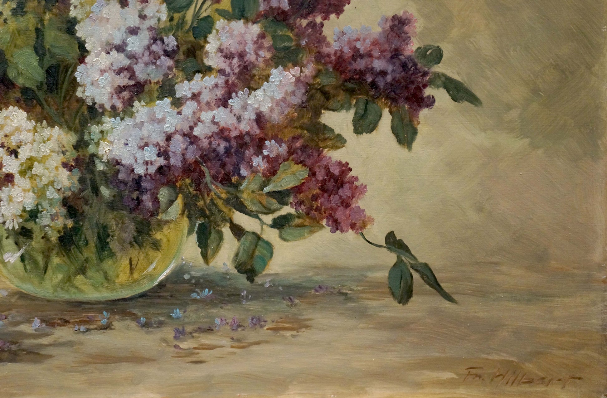 Oil painting of Hilberr lilac bouquet in translucent green glass vase