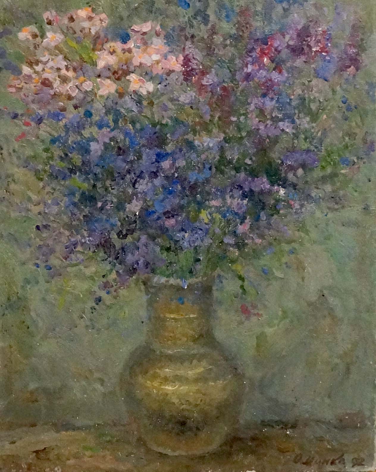 Oil painting of golden textured vase with purple pink wildflowers by Alexander Mynka