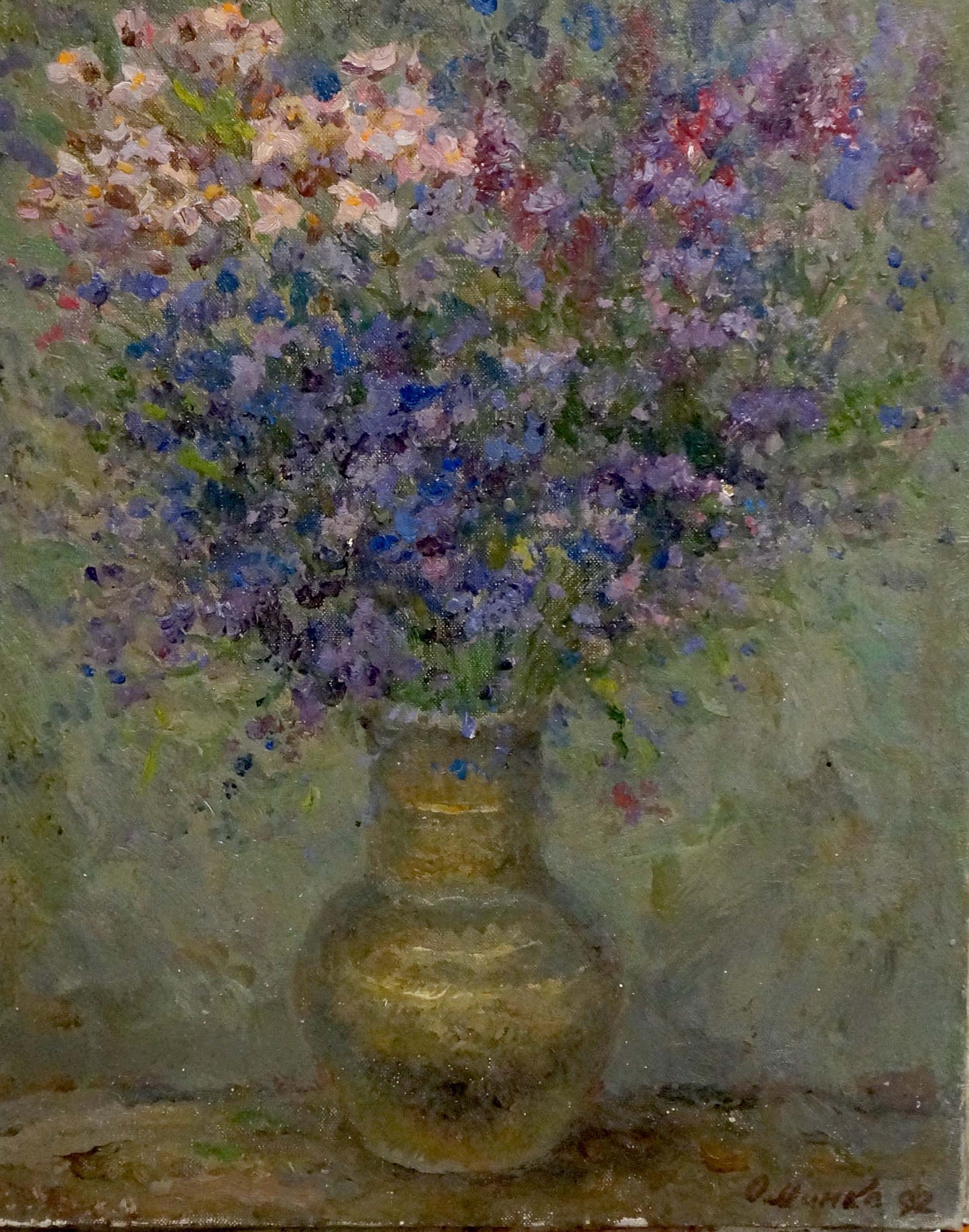 Oil painting Still life with wildflowers by Alexander Mynka, golden vase with purple pink bouquet