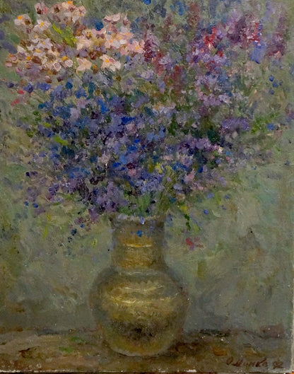 Oil painting Still life with wildflowers by Alexander Mynka, golden vase with purple pink bouquet