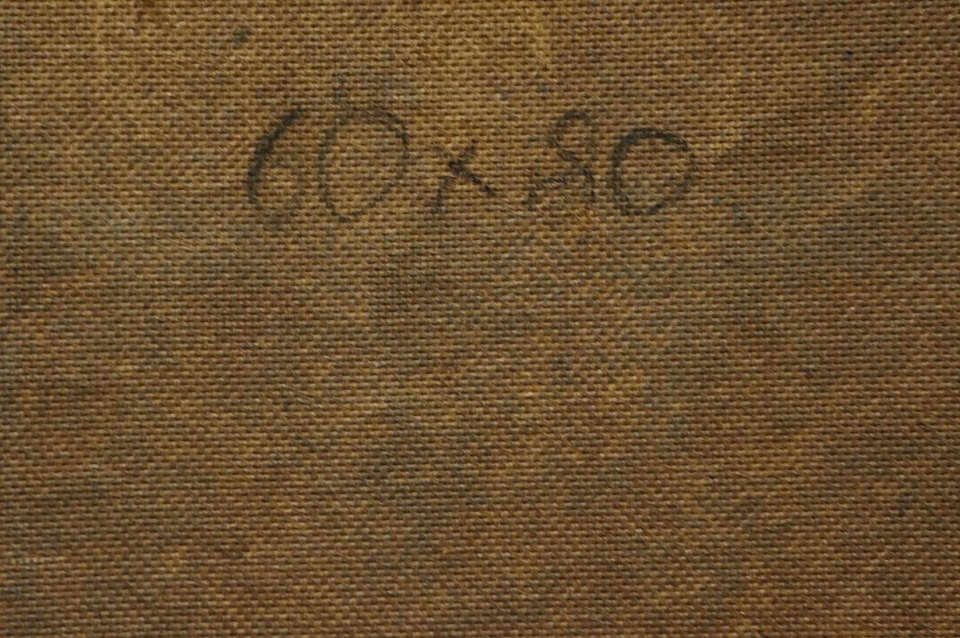 Back of Oil painting Lilac bouquet Hilberr canvas with faint pencil dimension marks