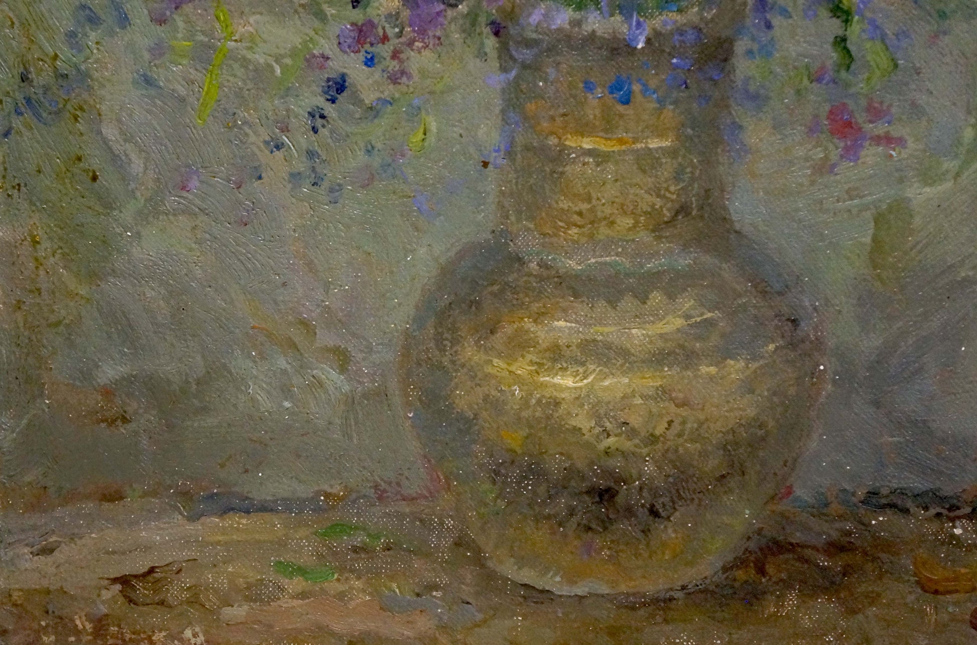 Translucent golden glass vase in Alexander Mynka wildflowers oil painting