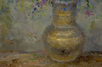 Translucent golden glass vase in Alexander Mynka wildflowers oil painting