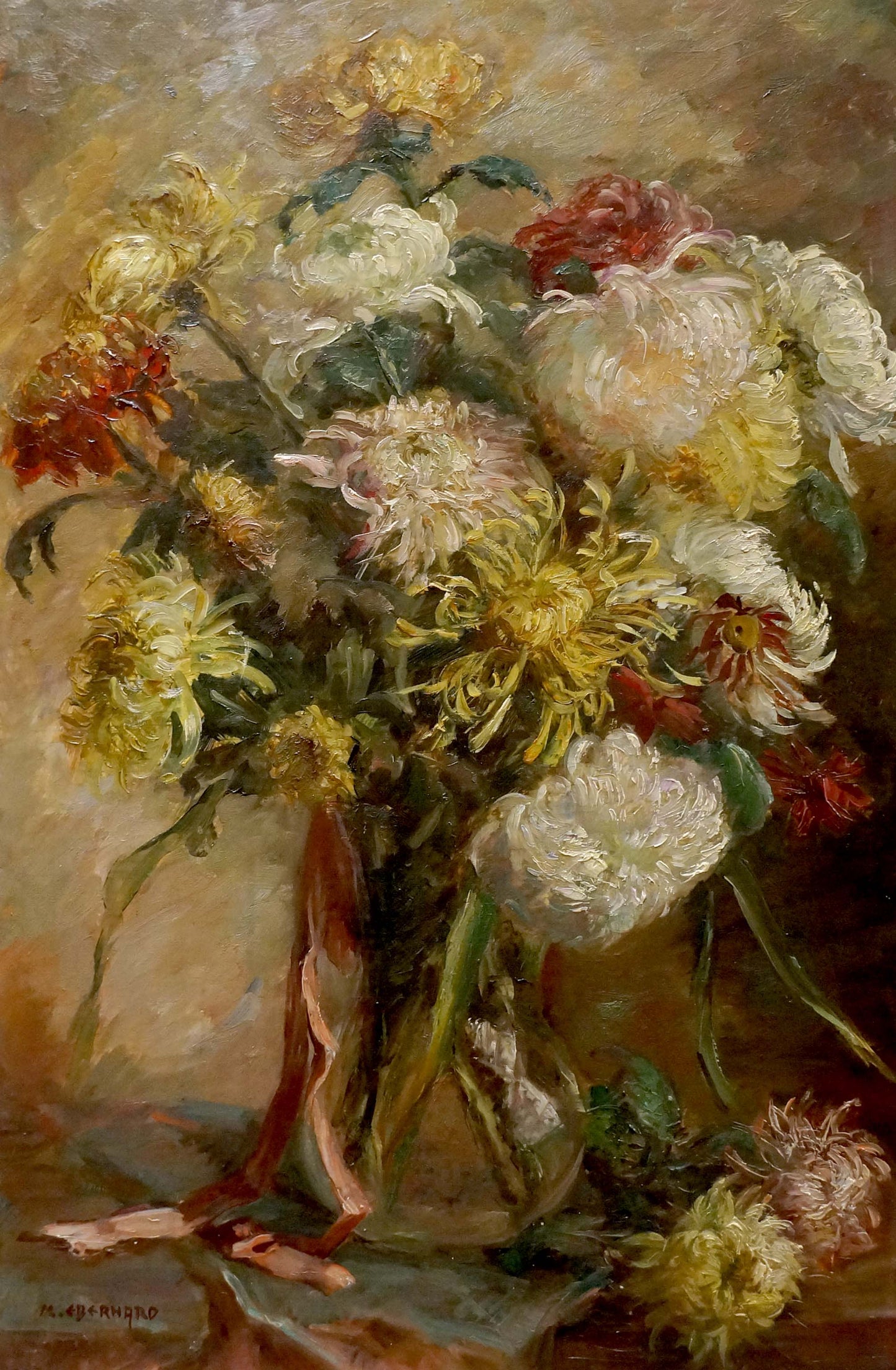 Oil painting of vibrant chrysanthemums by M. Eberhard in glass vase