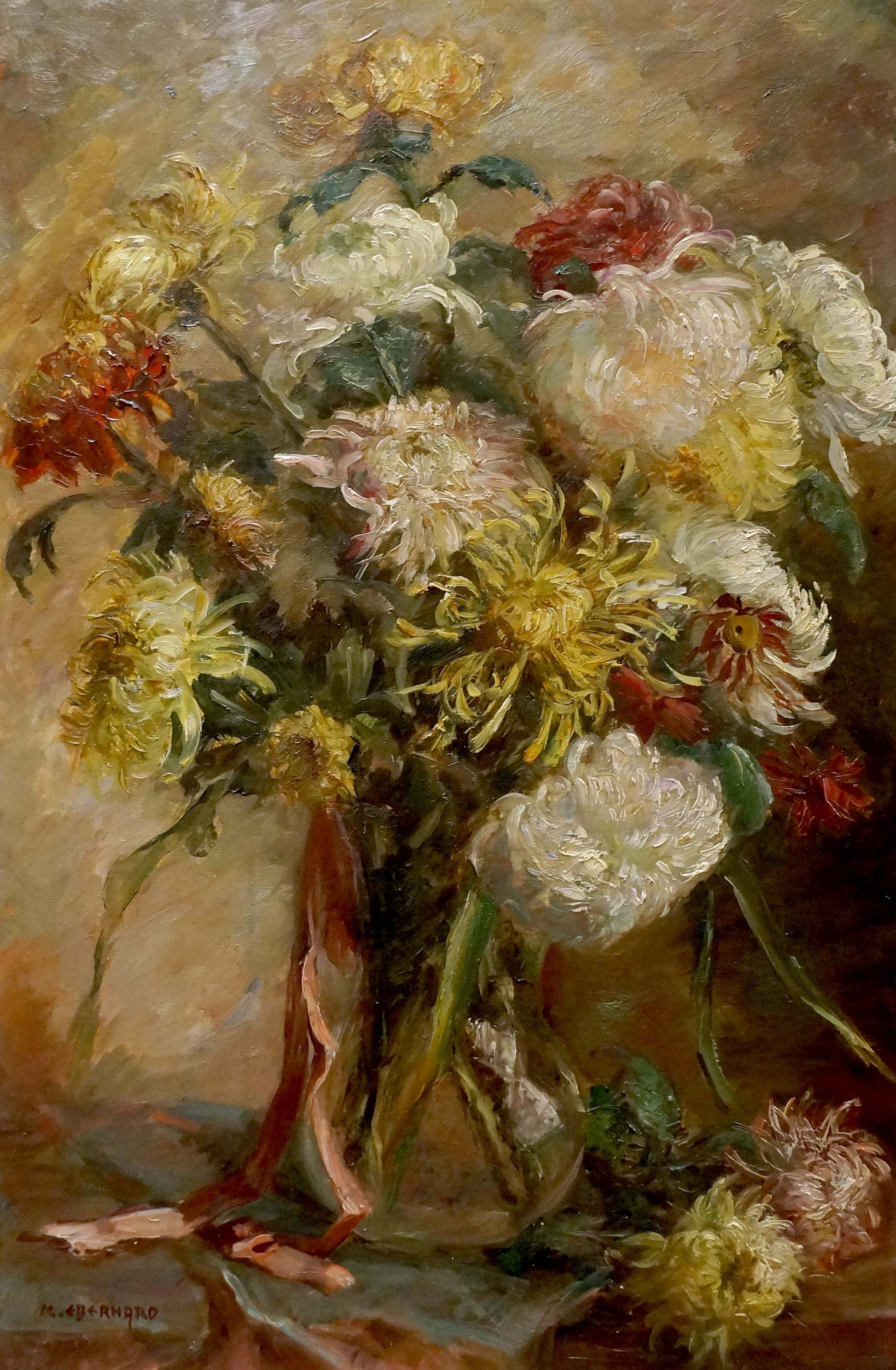 Oil painting of vibrant chrysanthemums by M. Eberhard in glass vase