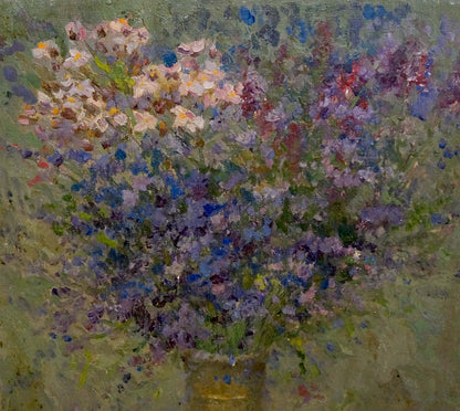 Oil painting Still life with wildflowers by Alexander Mynka in golden vase