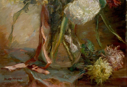Oil painting Flowers M. Eberhard: translucent glass vase with white and red flowers