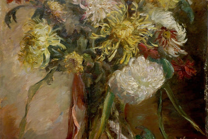 Oil painting Flowers M. Eberhard: vibrant chrysanthemum bouquet in white, yellow, red