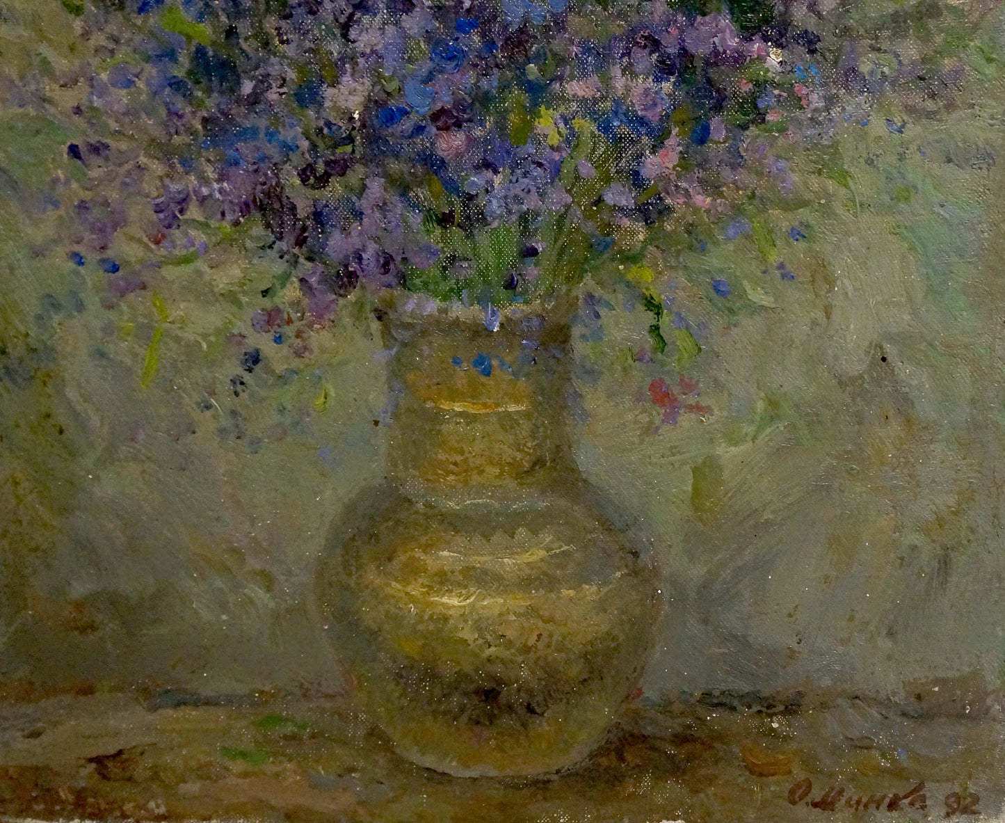 Oil painting Still life with wildflowers by Alexander Mynka golden vase and purple blue bouquet
