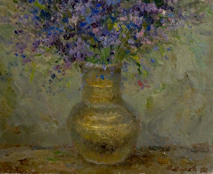 Oil painting Still life with wildflowers by Alexander Mynka golden vase and purple blue bouquet