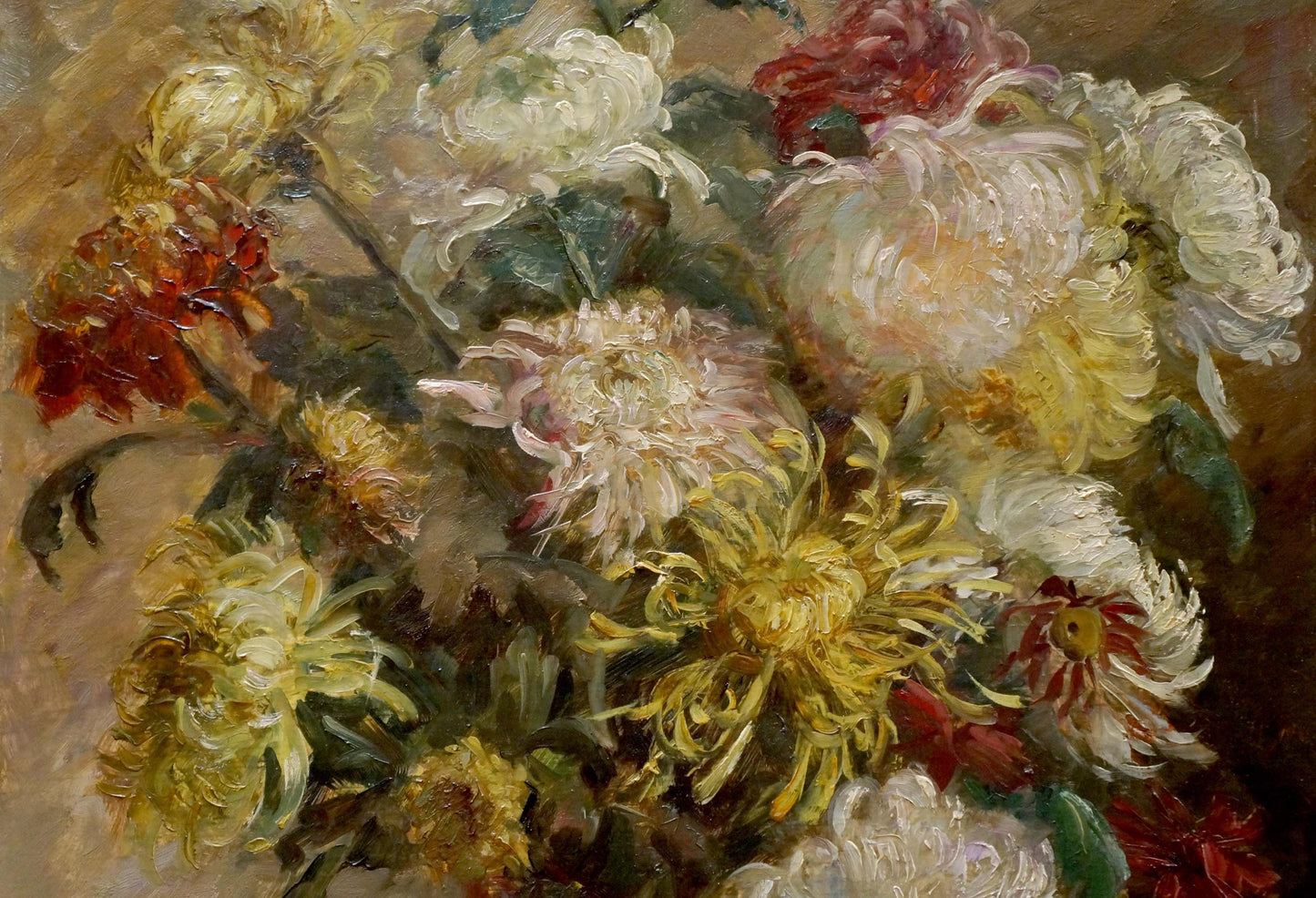 Oil painting Flowers M. Eberhard: vibrant chrysanthemum bouquet in impasto